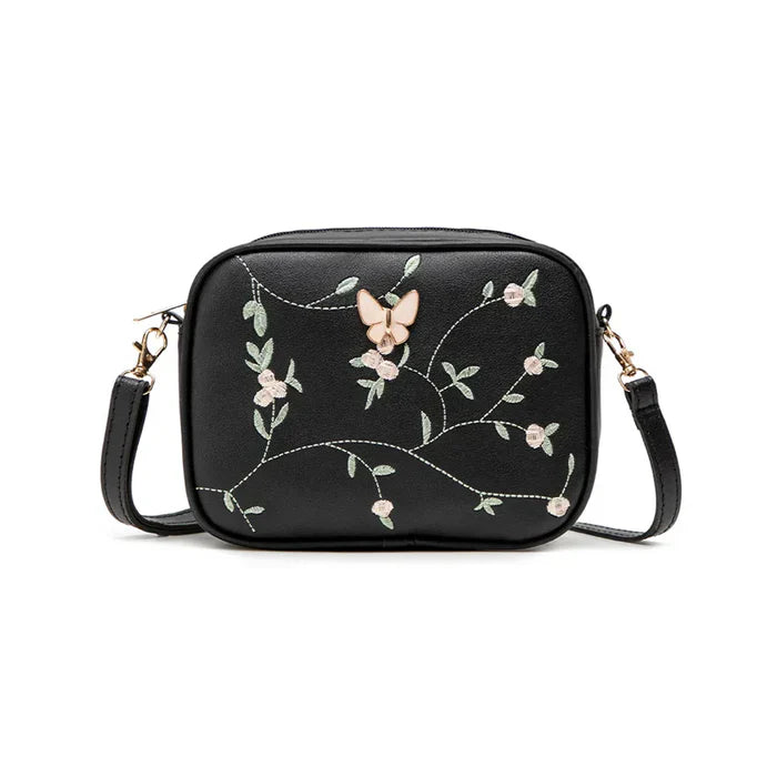 Floral Embroidered Crossbody Bag with Butterfly Charm