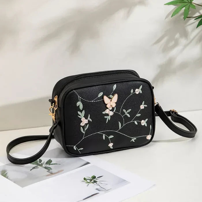 Floral Embroidered Crossbody Bag with Butterfly Charm