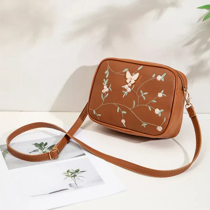 Floral Embroidered Crossbody Bag with Butterfly Charm
