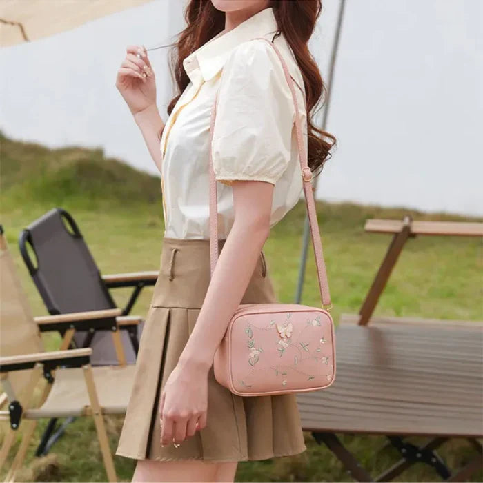 Floral Embroidered Crossbody Bag with Butterfly Charm