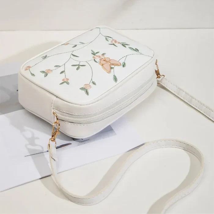 Floral Embroidered Crossbody Bag with Butterfly Charm White